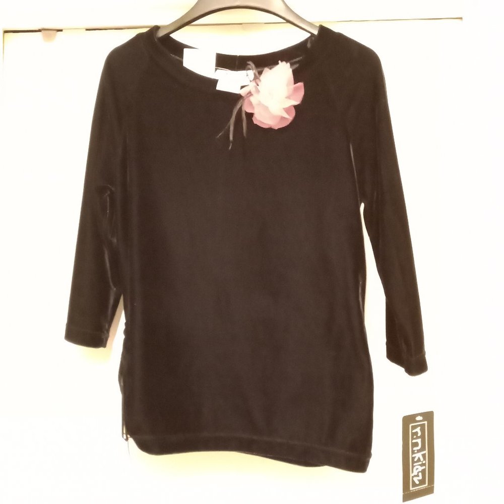 NWT R.N. Kidz Black Velour Dressy Top With Pink Flower